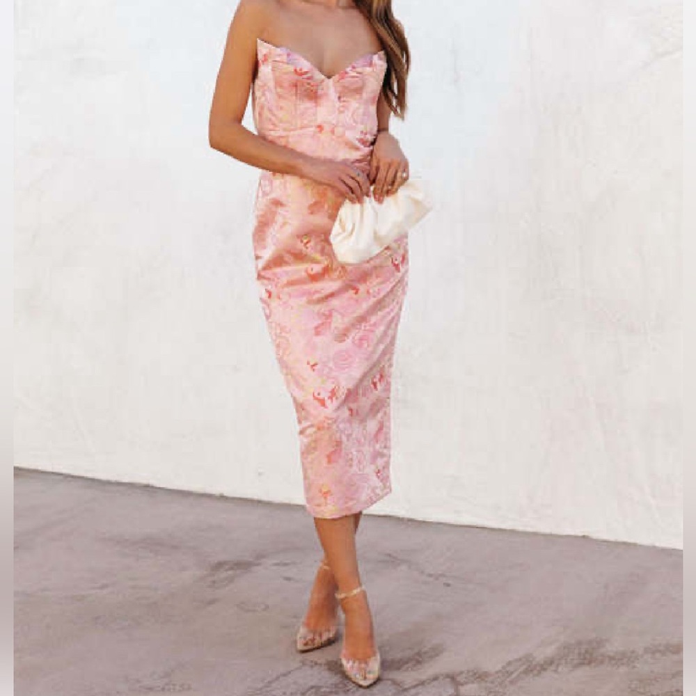 VICI Such A Charm Strapless Shimmer Pink and Gold Midi Dress Size XS